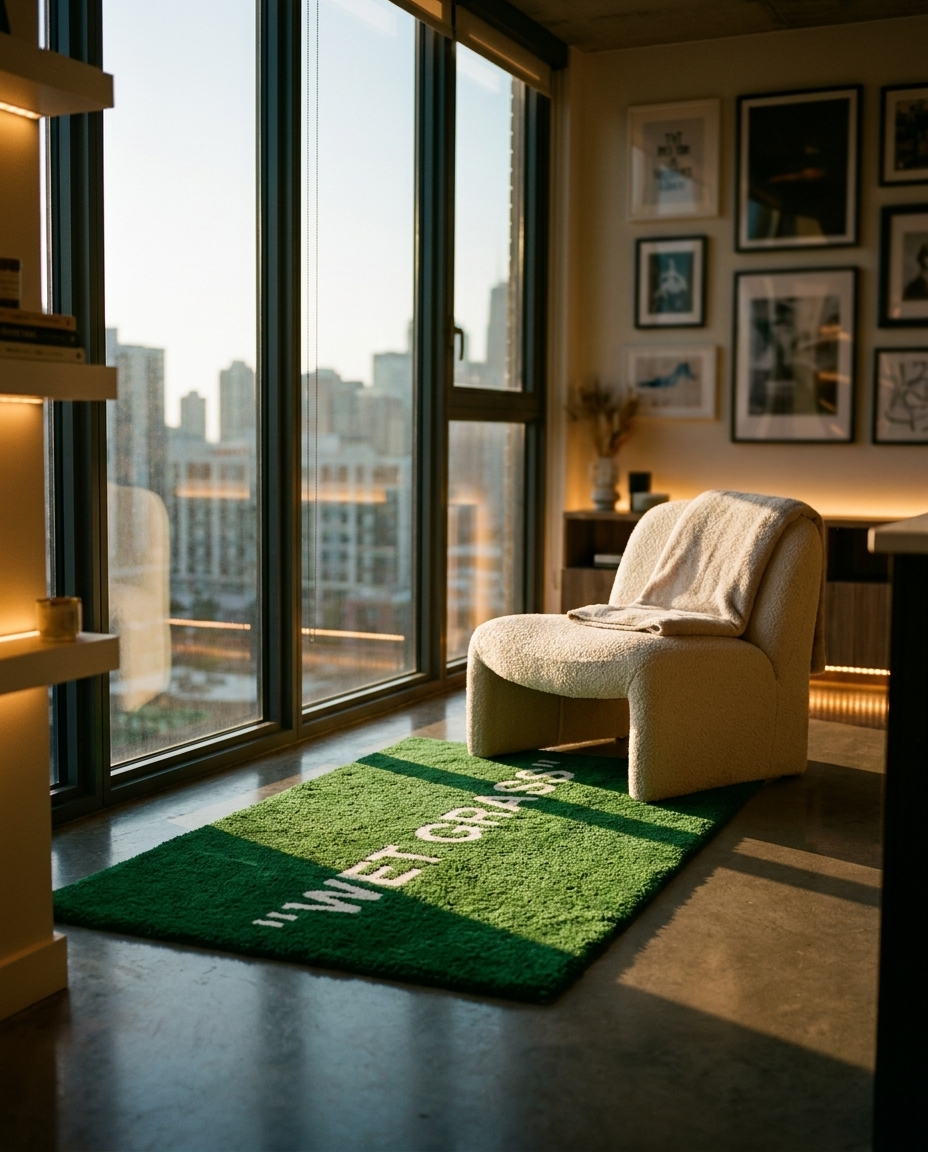 Wet Grass Rug lifestyle photo in loft reading nook