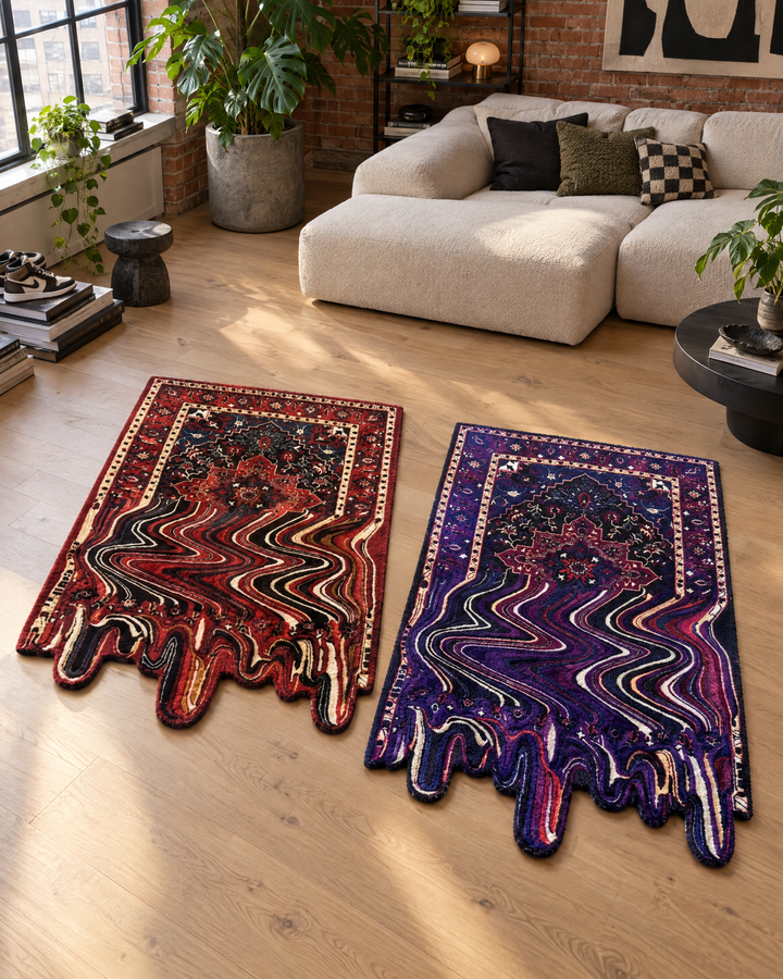 Drip Medallion Rug Original and Purple Haze in a living room