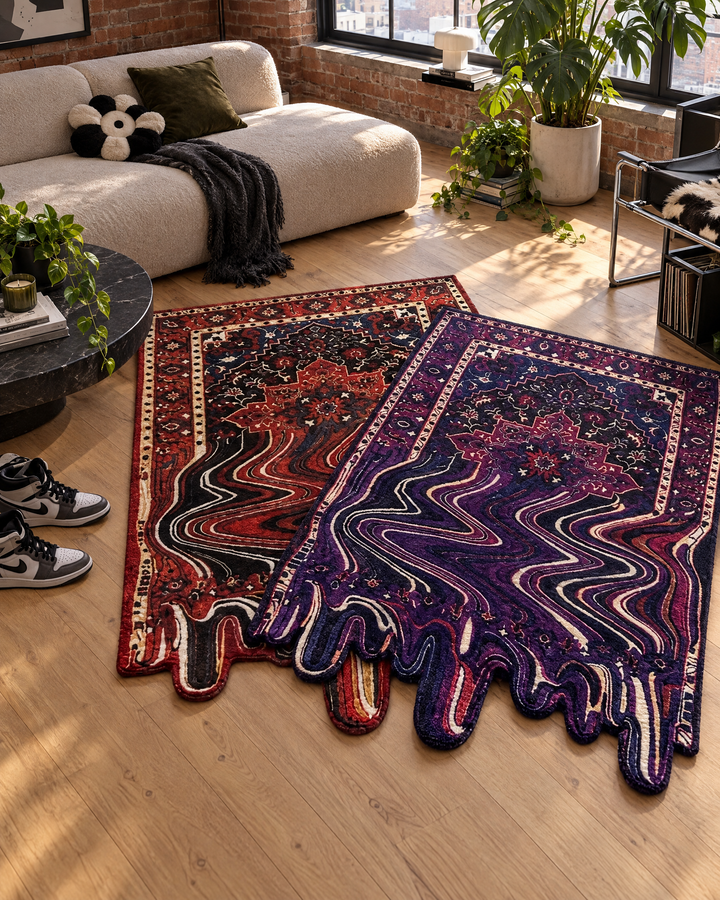 Drip Medallion Rug Purple Haze layered over Original in a living room