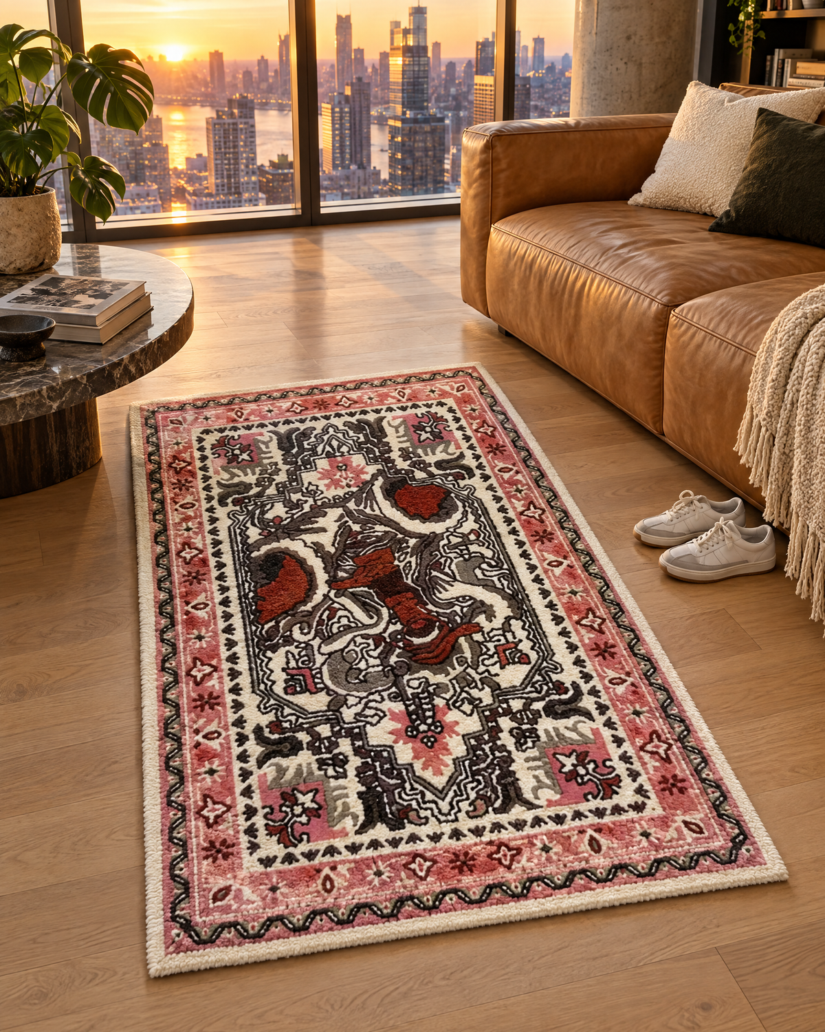 Pirate King Persian Rug in a high-rise loft living room